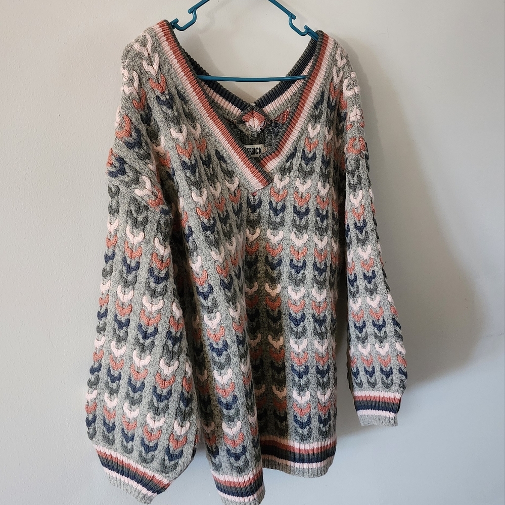 Cottage Core Chunky Woven Sweater Womens Size M Gray Mauve Kerrick Vneck Preppy